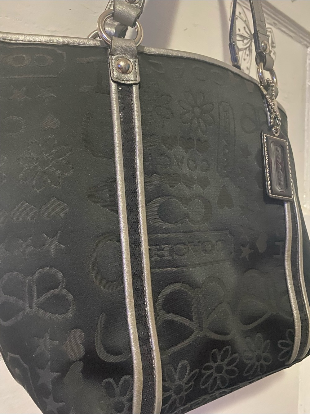 Coach bandana graffiti Black Tote Bag with Silver Trim GUC - Picture 3 of 4